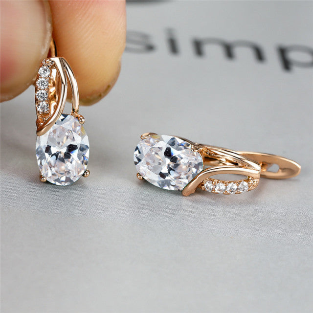 Women Oval Crystal Stone Vintage Hoop Earrings