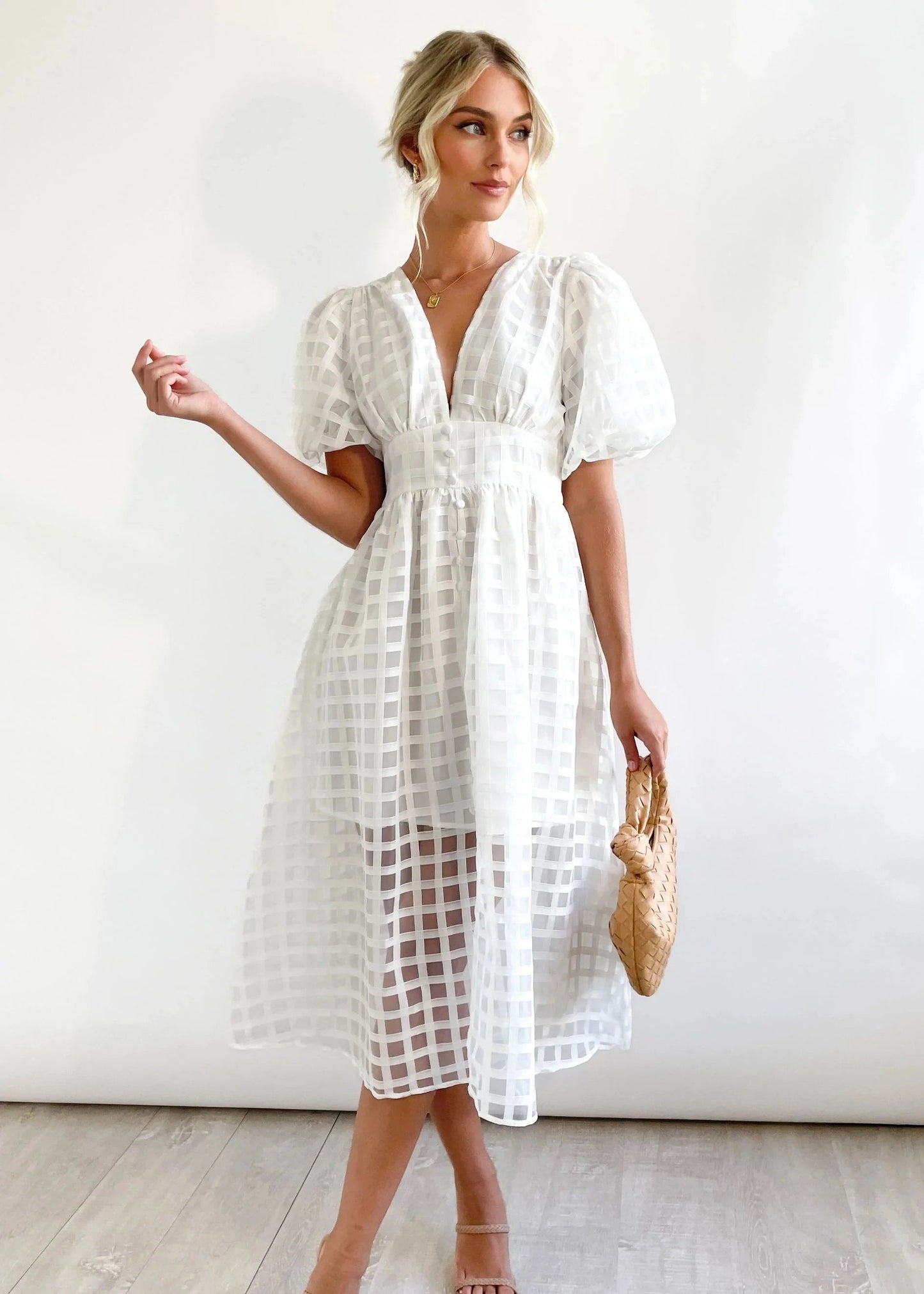 🔥 Square Patterned Fabric Puff Sleeve Midi Dress