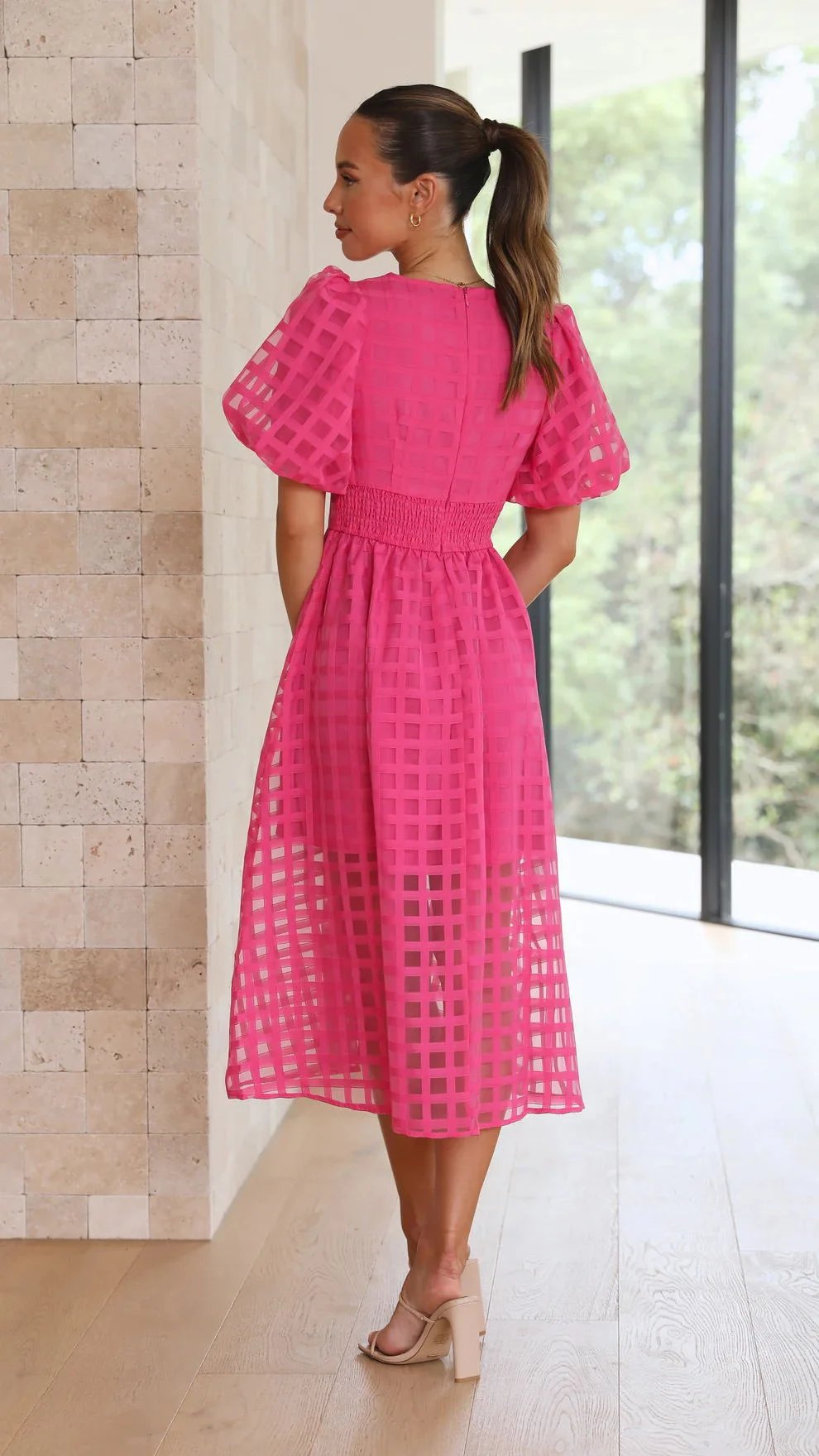 🔥 Square Patterned Fabric Puff Sleeve Midi Dress