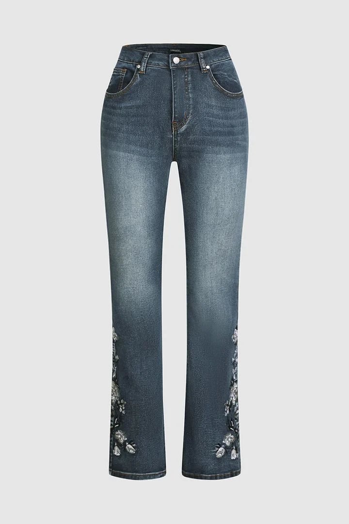 Floral Hand Embroidery Mid Waist Bootcut Jeans