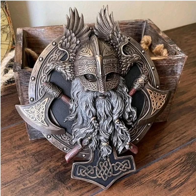 🎁Retro Viking Berserker Double Axe Wall Decorative Plaque Resin Ornaments Wall Decor Plaque🔥 🔥