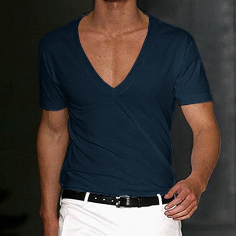 Men's Basic White Deep V-Neck Cotton Short Sleeve T-Shirt