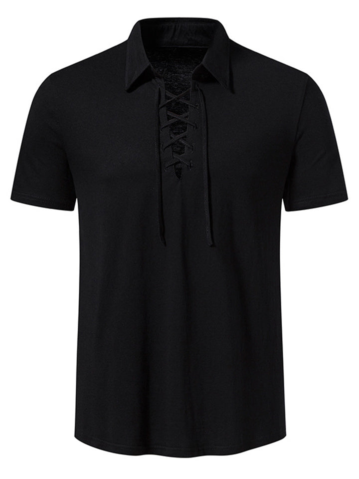 Men's Henley Neck Lace Up Casual Beach Short Sleeve T-Shirt Casual Athletic Top