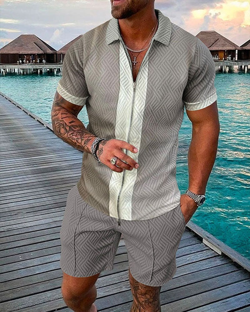 2023 New Men's Fashion Casual Suit Zipper Short Sleeve Polo Shirt Shorts 2 Piece Set