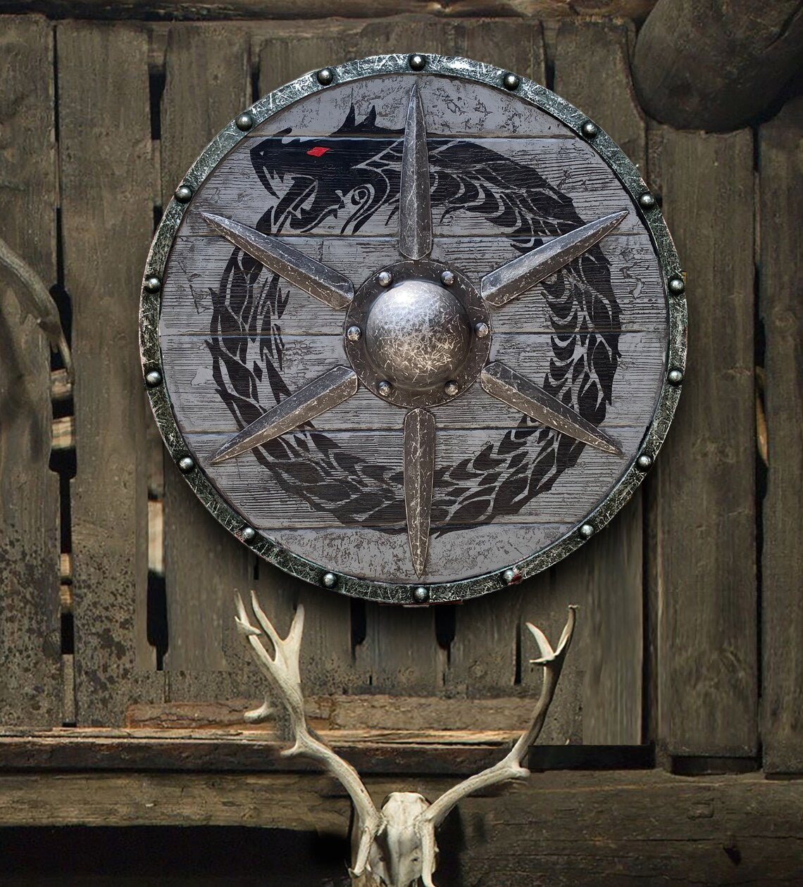 Double Ravens Personalized Battleworn Viking Shield