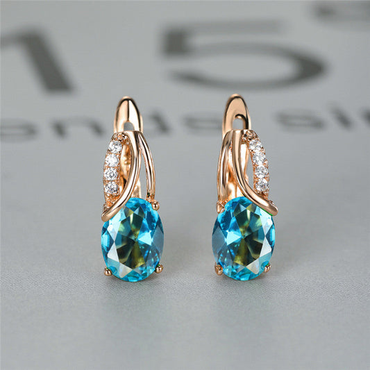 Women Oval Crystal Stone Vintage Hoop Earrings