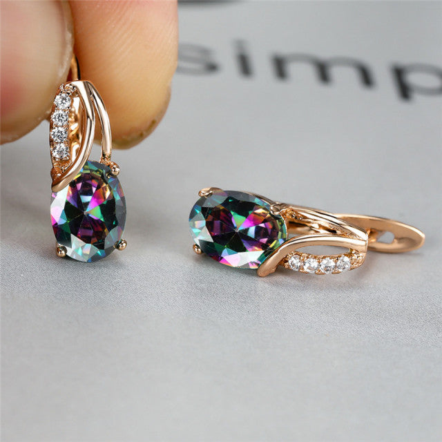 Women Oval Crystal Stone Vintage Hoop Earrings