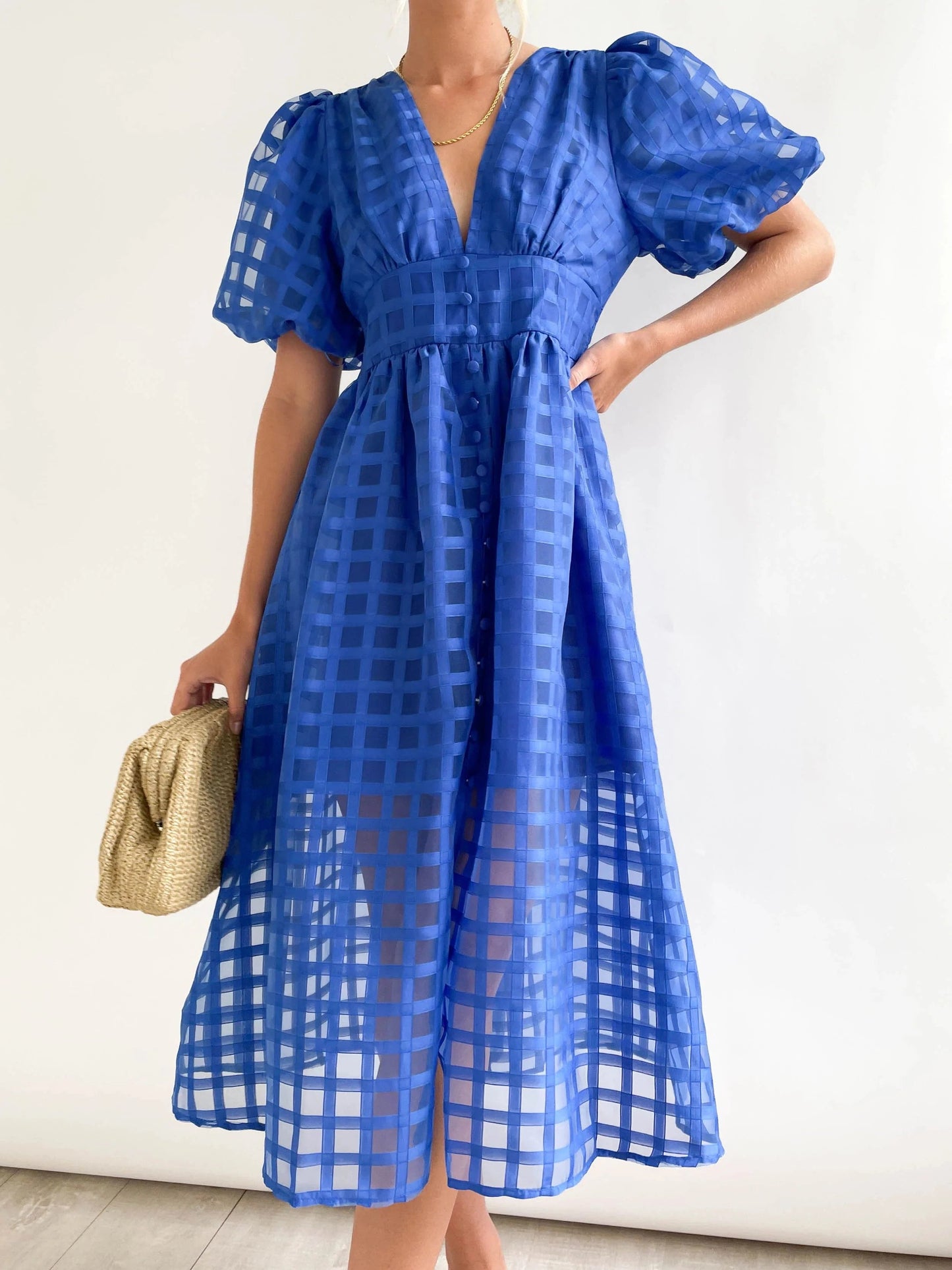 🔥 Square Patterned Fabric Puff Sleeve Midi Dress