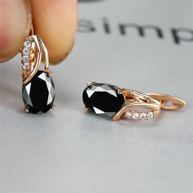 Women Oval Crystal Stone Vintage Hoop Earrings