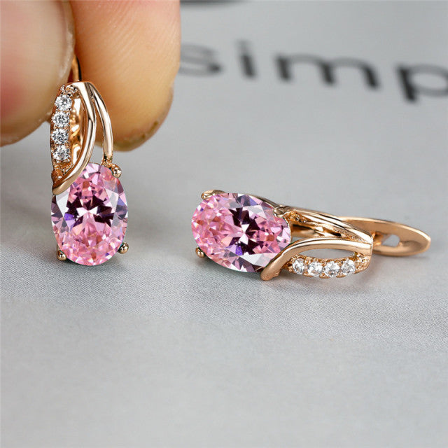 Women Oval Crystal Stone Vintage Hoop Earrings