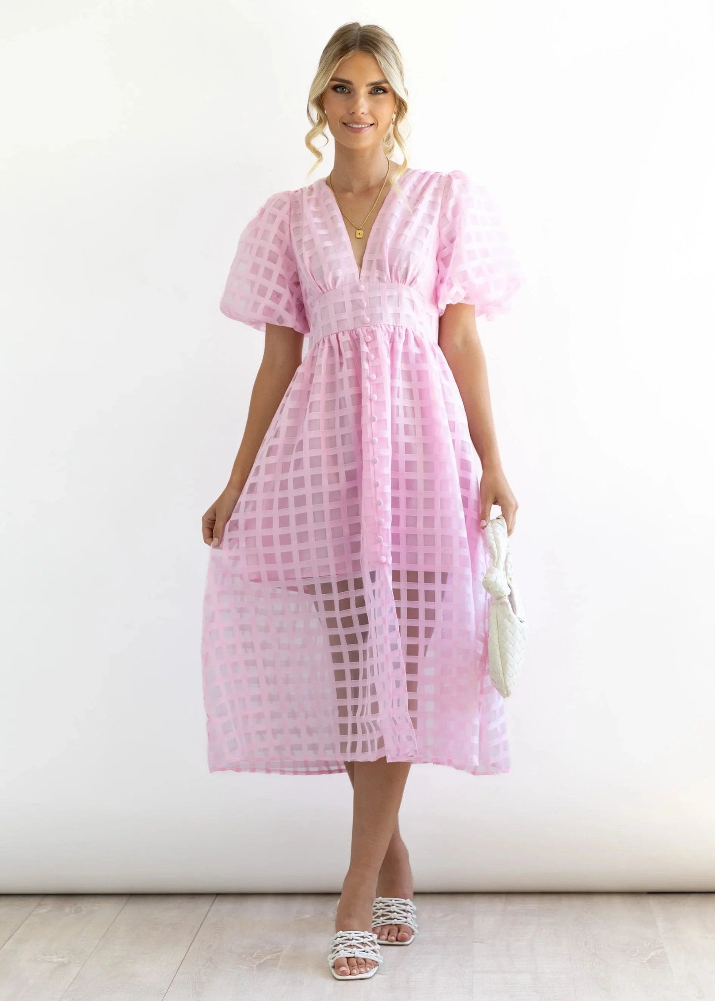 🔥 Square Patterned Fabric Puff Sleeve Midi Dress