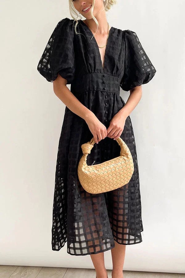 🔥 Square Patterned Fabric Puff Sleeve Midi Dress