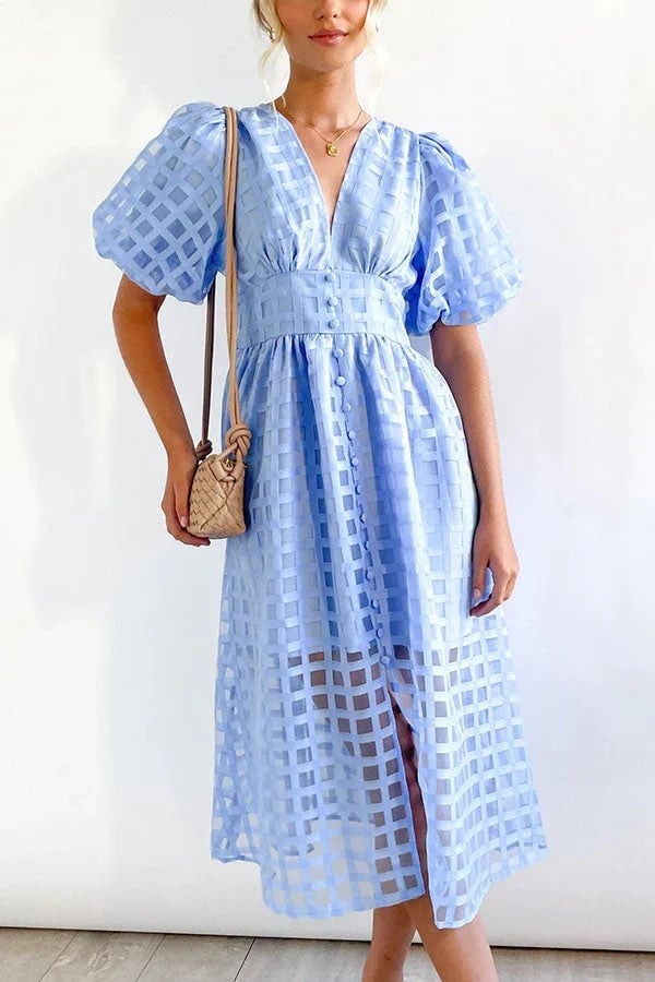 🔥 Square Patterned Fabric Puff Sleeve Midi Dress