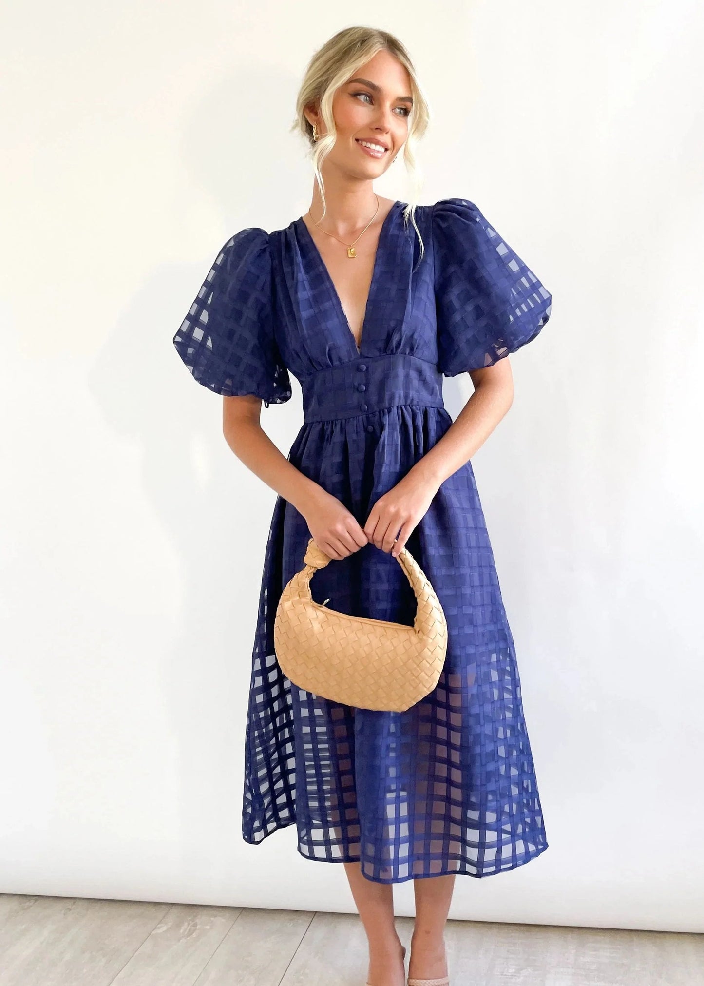 🔥 Square Patterned Fabric Puff Sleeve Midi Dress