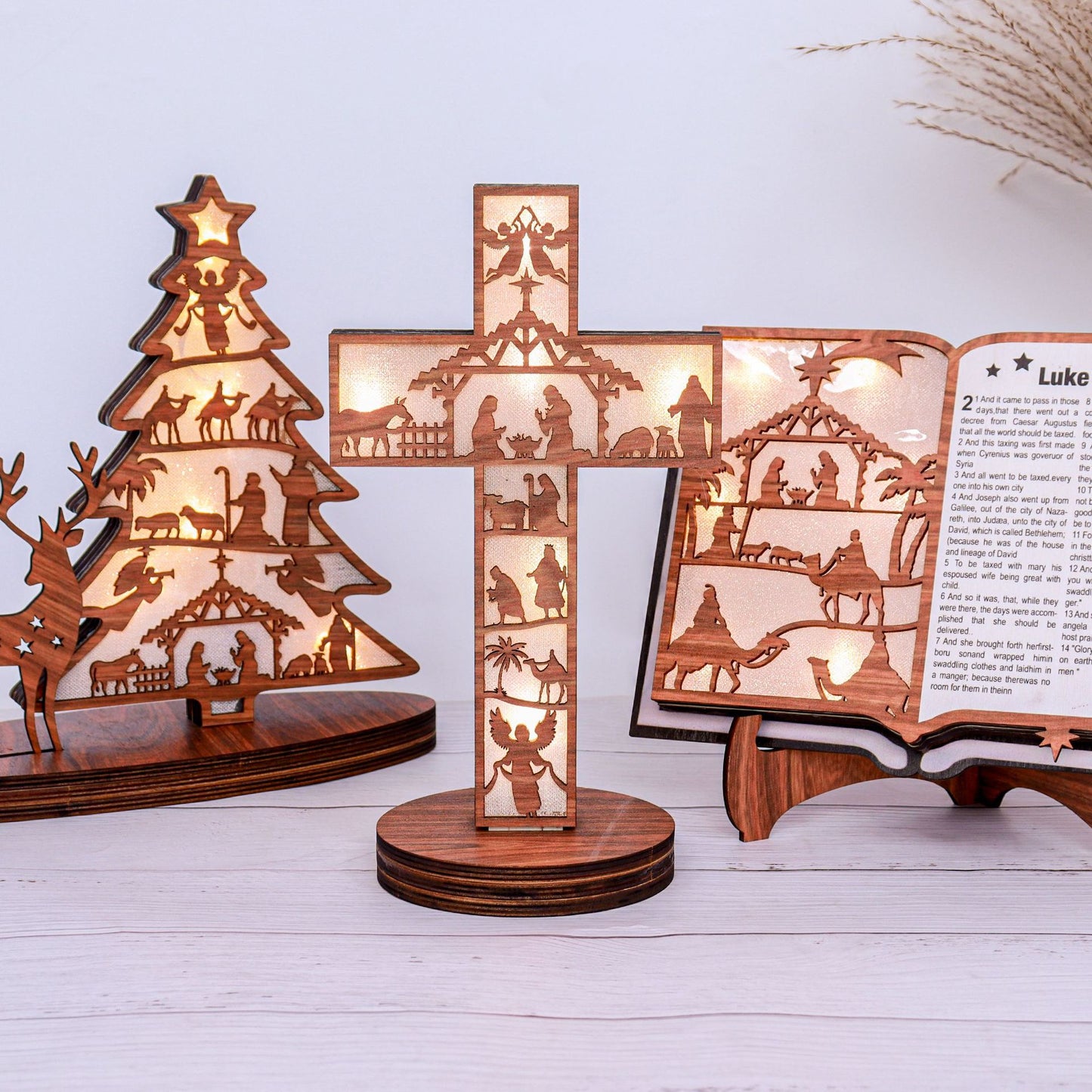 3D Christmas Wooden Nativity Scene Book Display With Light