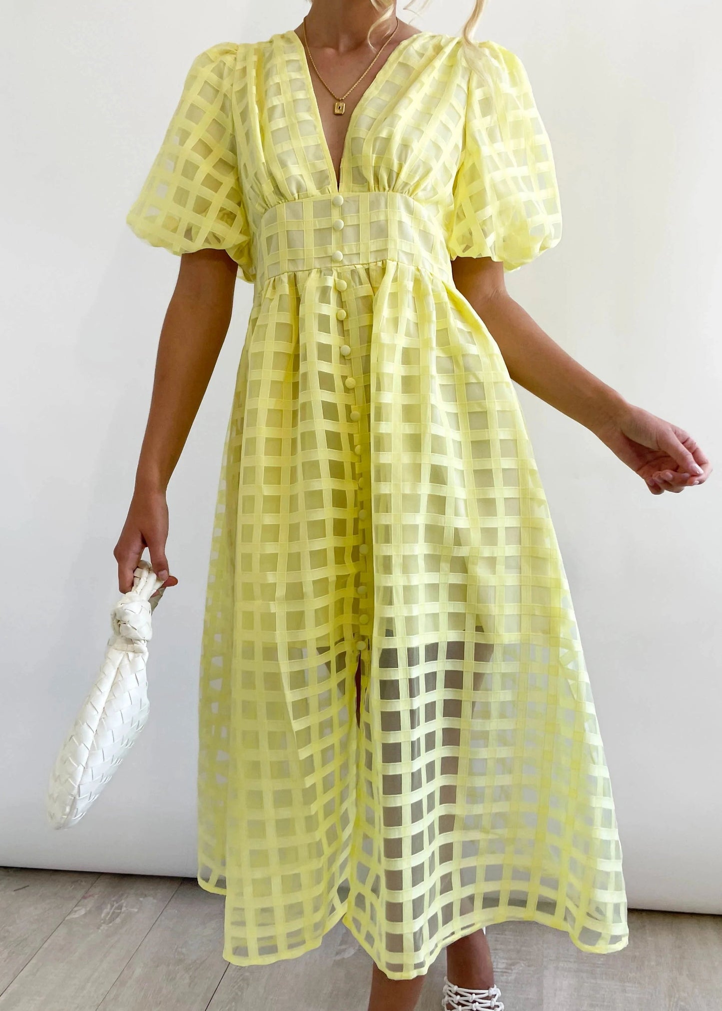 🔥 Square Patterned Fabric Puff Sleeve Midi Dress