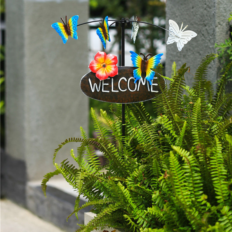 Outdoor Lawn Metal Windmill with Welcome Sign