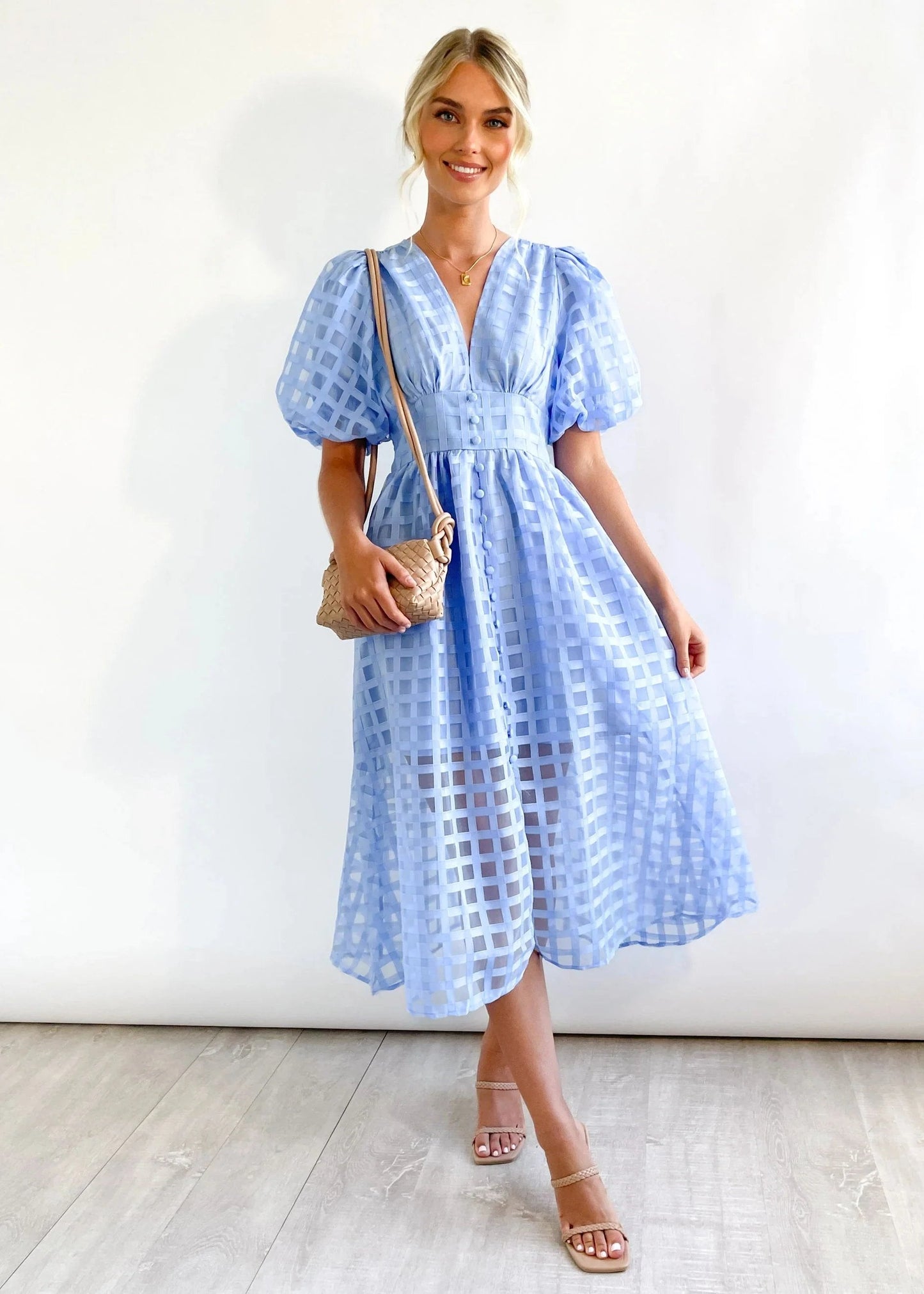 🔥 Square Patterned Fabric Puff Sleeve Midi Dress