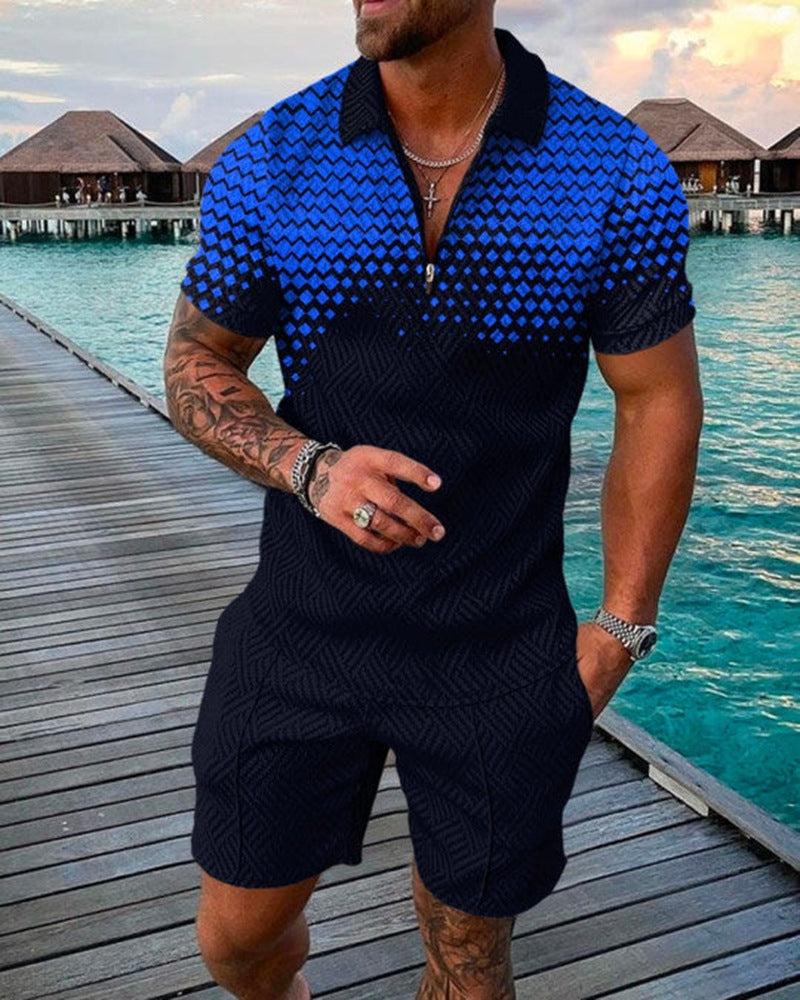 2023 New Men's Fashion Casual Suit Zipper Short Sleeve Polo Shirt Shorts 2 Piece Set