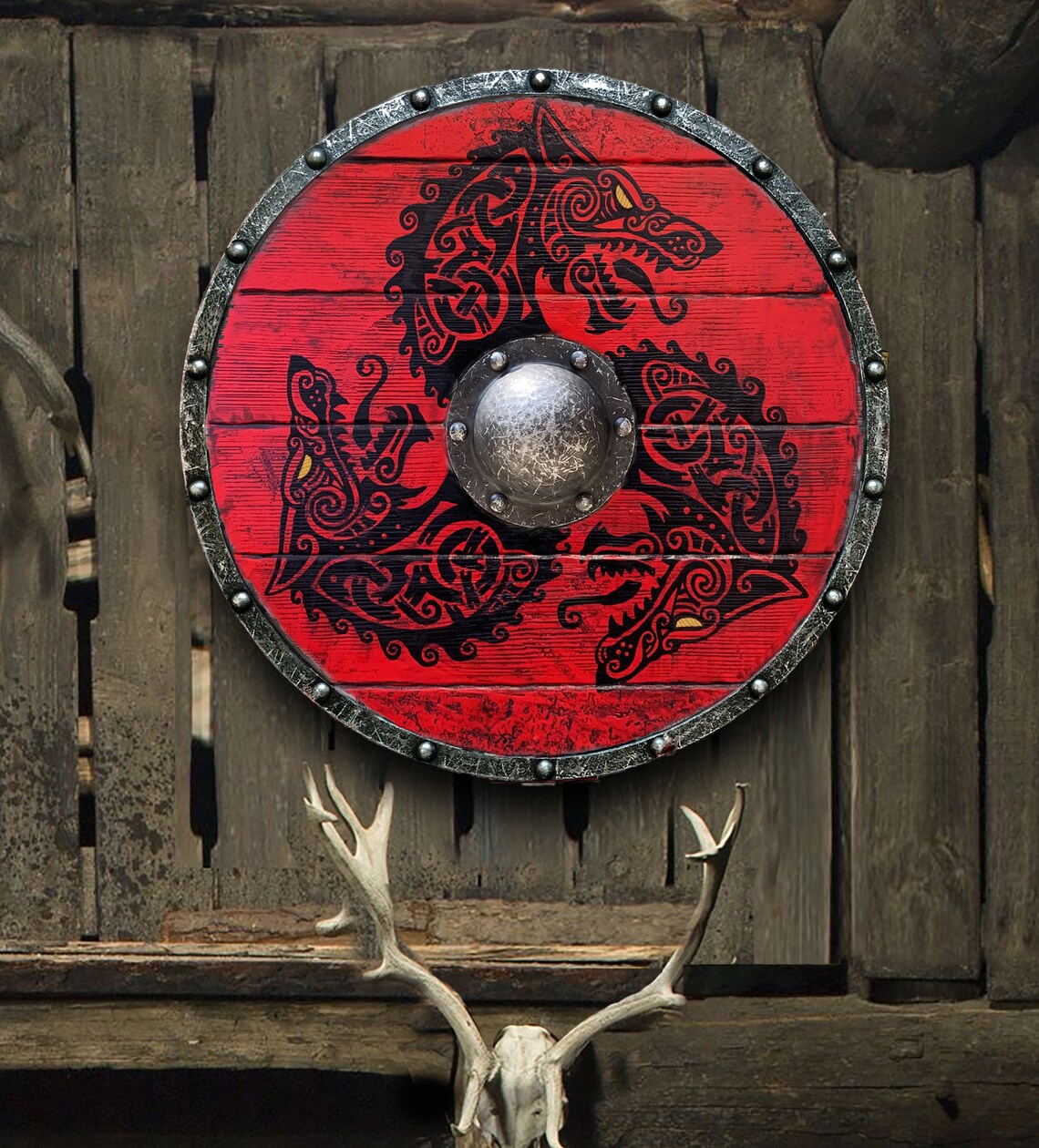 Double Ravens Personalized Battleworn Viking Shield