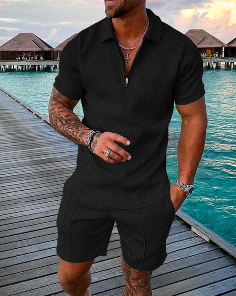 2023 New Men's Fashion Casual Suit Zipper Short Sleeve Polo Shirt Shorts 2 Piece Set