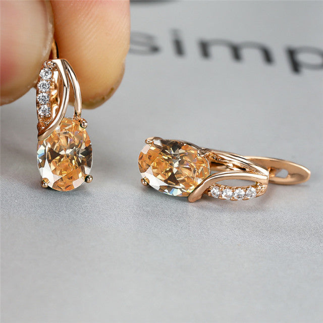 Women Oval Crystal Stone Vintage Hoop Earrings