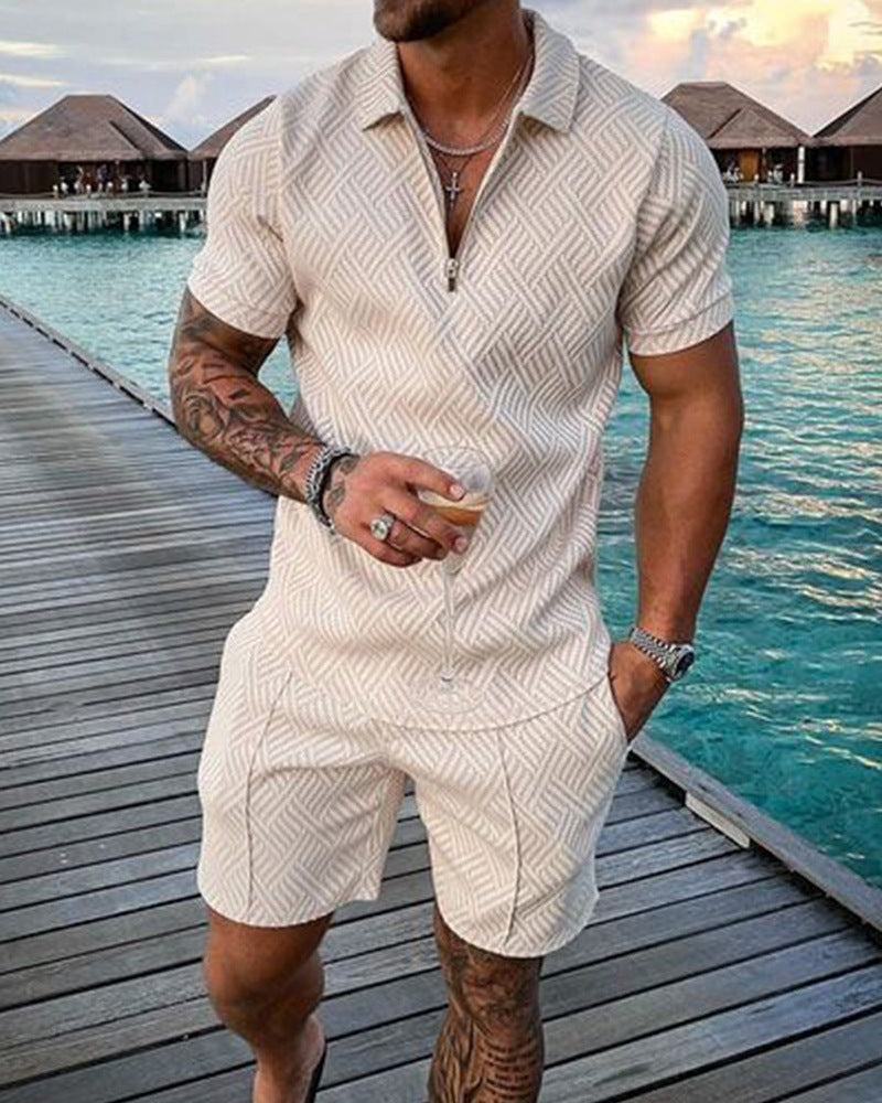 2023 New Men's Fashion Casual Suit Zipper Short Sleeve Polo Shirt Shorts 2 Piece Set