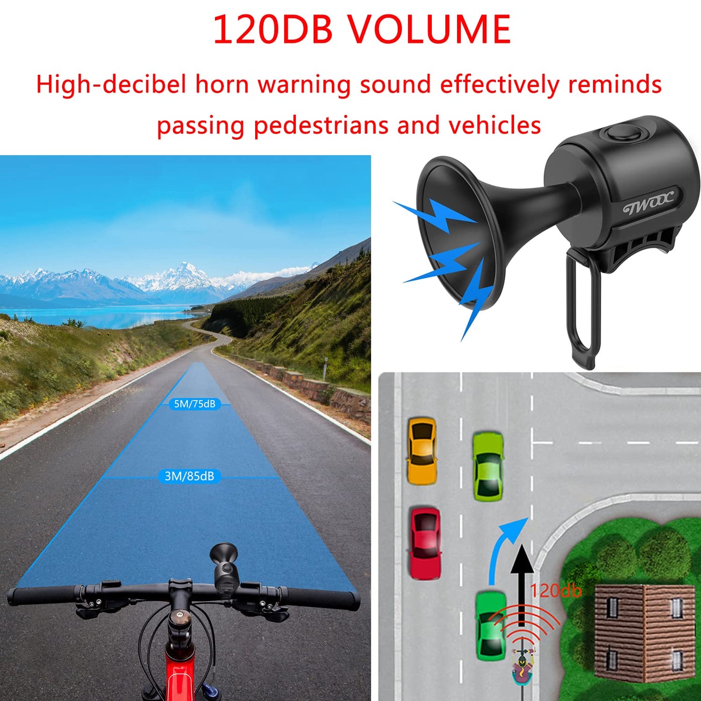Electric Bike Horn 120DB Electronic Bicycle Bell with Easy Install, IPX4 Waterproof