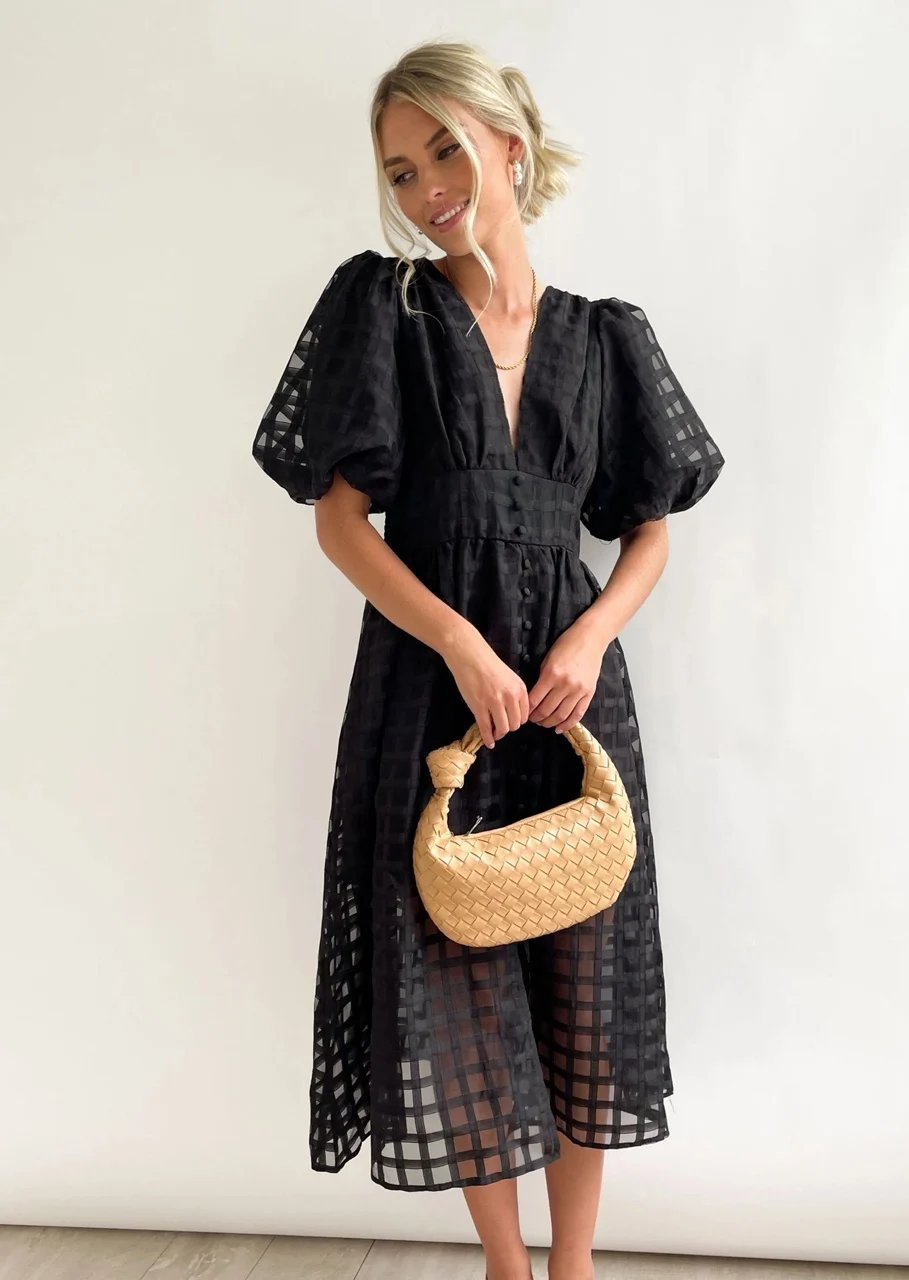 🔥 Square Patterned Fabric Puff Sleeve Midi Dress