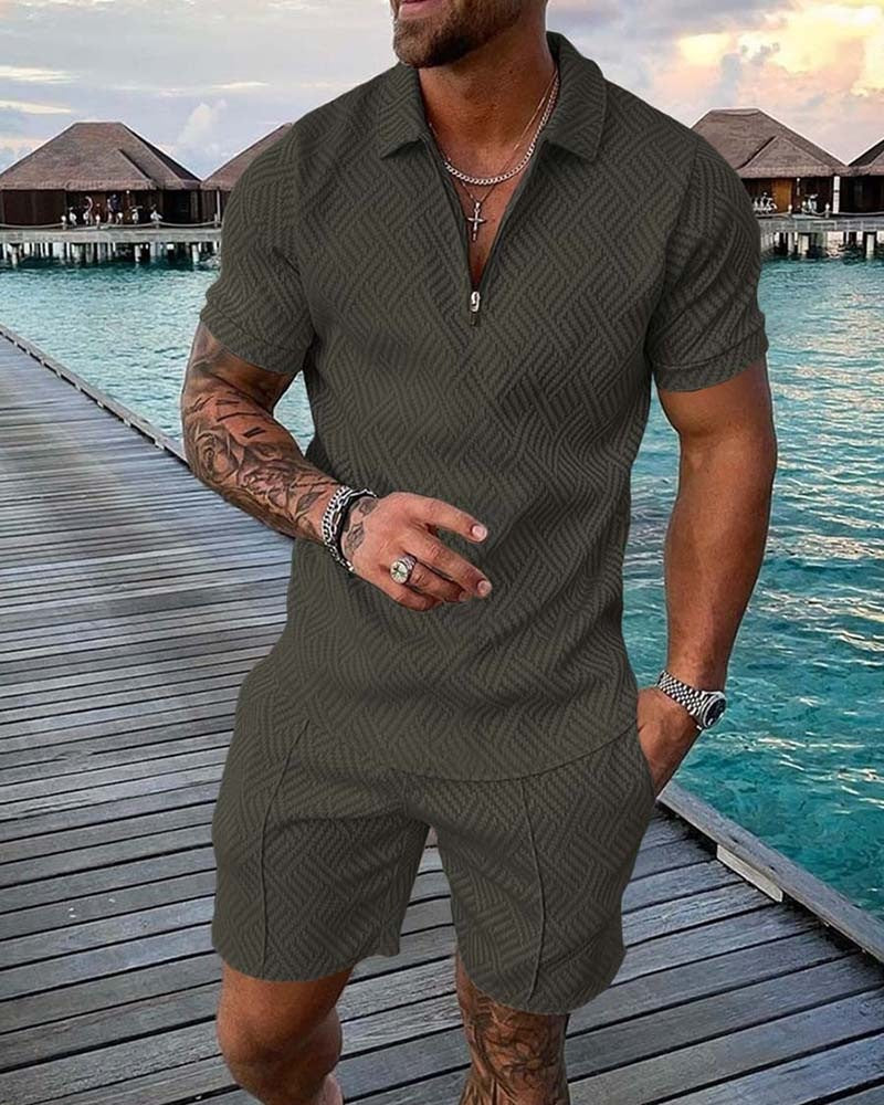 2023 New Men's Fashion Casual Suit Zipper Short Sleeve Polo Shirt Shorts 2 Piece Set