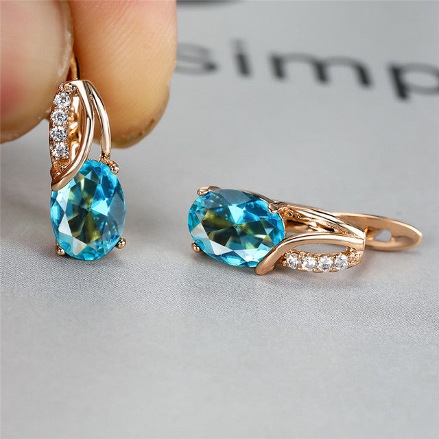 Women Oval Crystal Stone Vintage Hoop Earrings