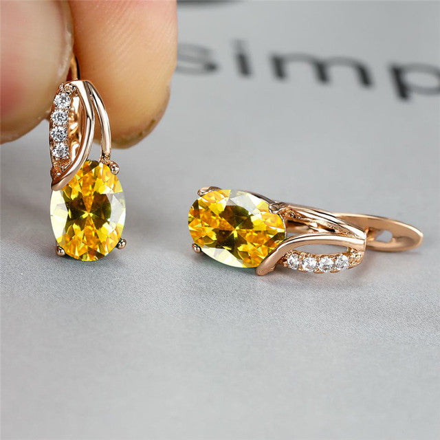 Women Oval Crystal Stone Vintage Hoop Earrings